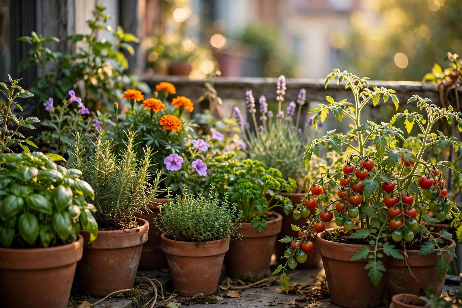 A thriving summer balcony garden overflowing with tomatoes, herbs and flowers in terracotta pots.