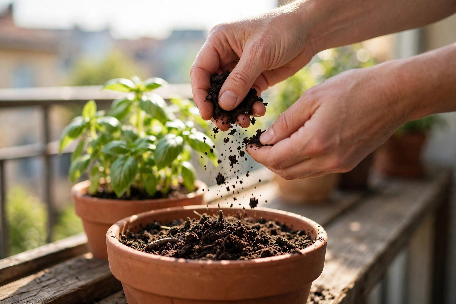 Hands sprinkling crumbly organic worm castings onto the soil of a potted plant on a balcony.