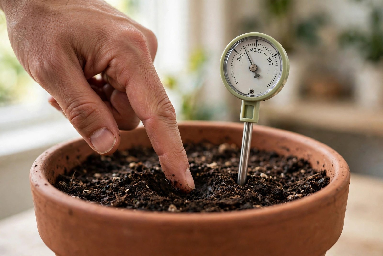A finger pressed into potting soil of a terracotta pot next to a soil moisture meter probe.