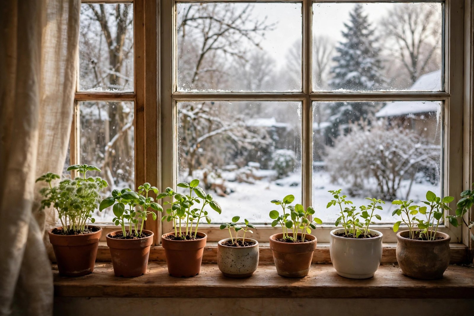 Tender potted plants including a small citrus tree and pelargoniums overwintering on a bright indoor windowsill