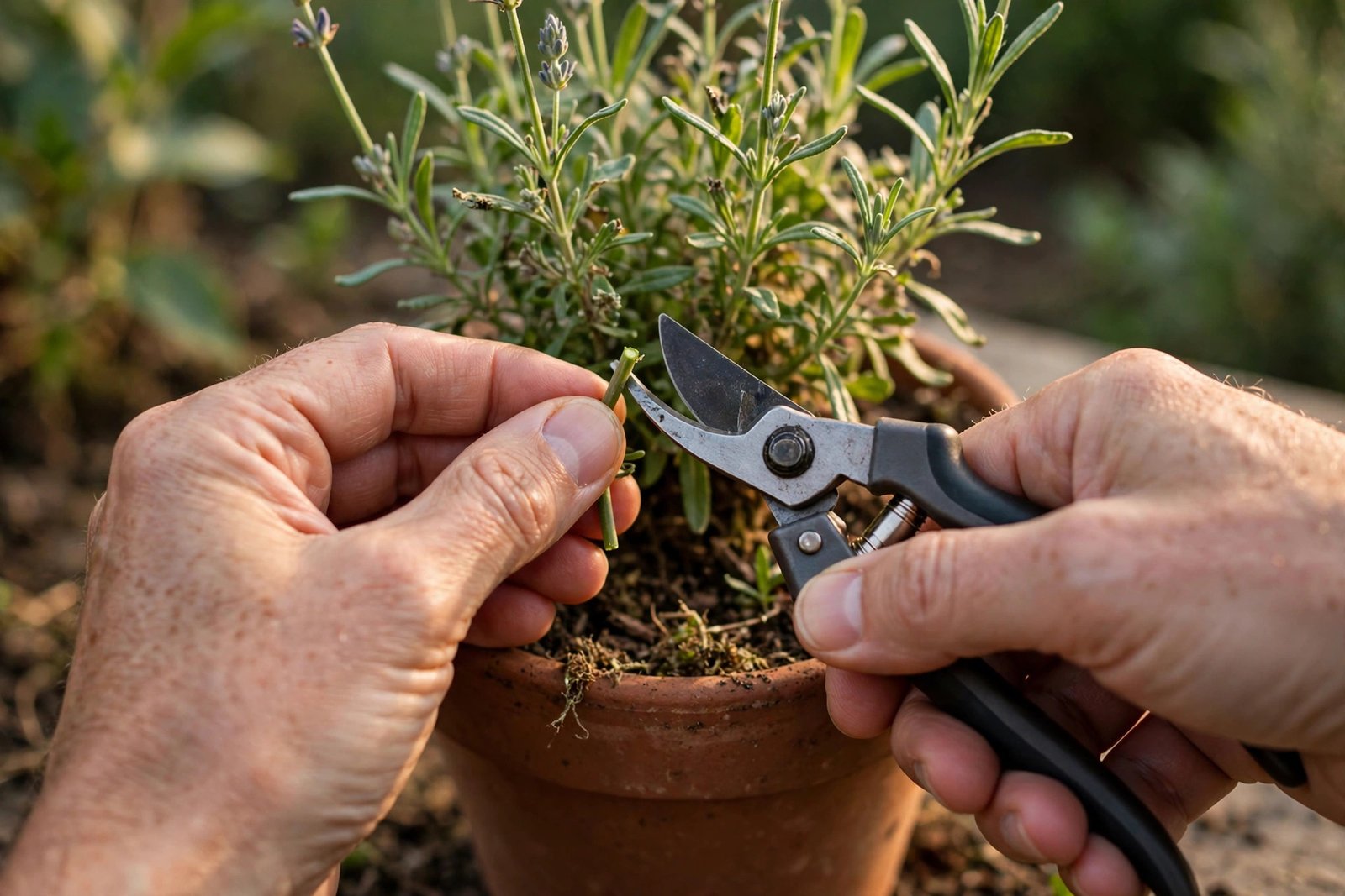 Person inspecting the underside of plant leaves for pests before bringing a potted chilli plant indoors for winter
