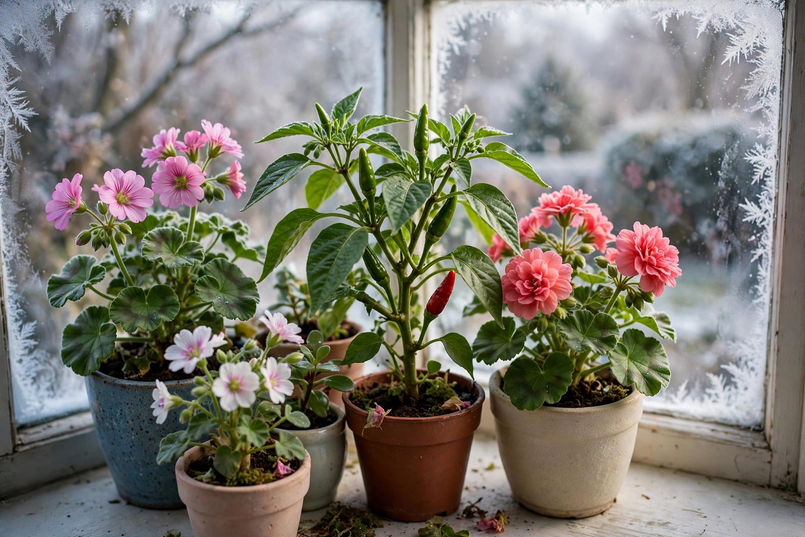 Tender potted plants including chilli and pelargoniums grouped on a bright indoor windowsill in winter.