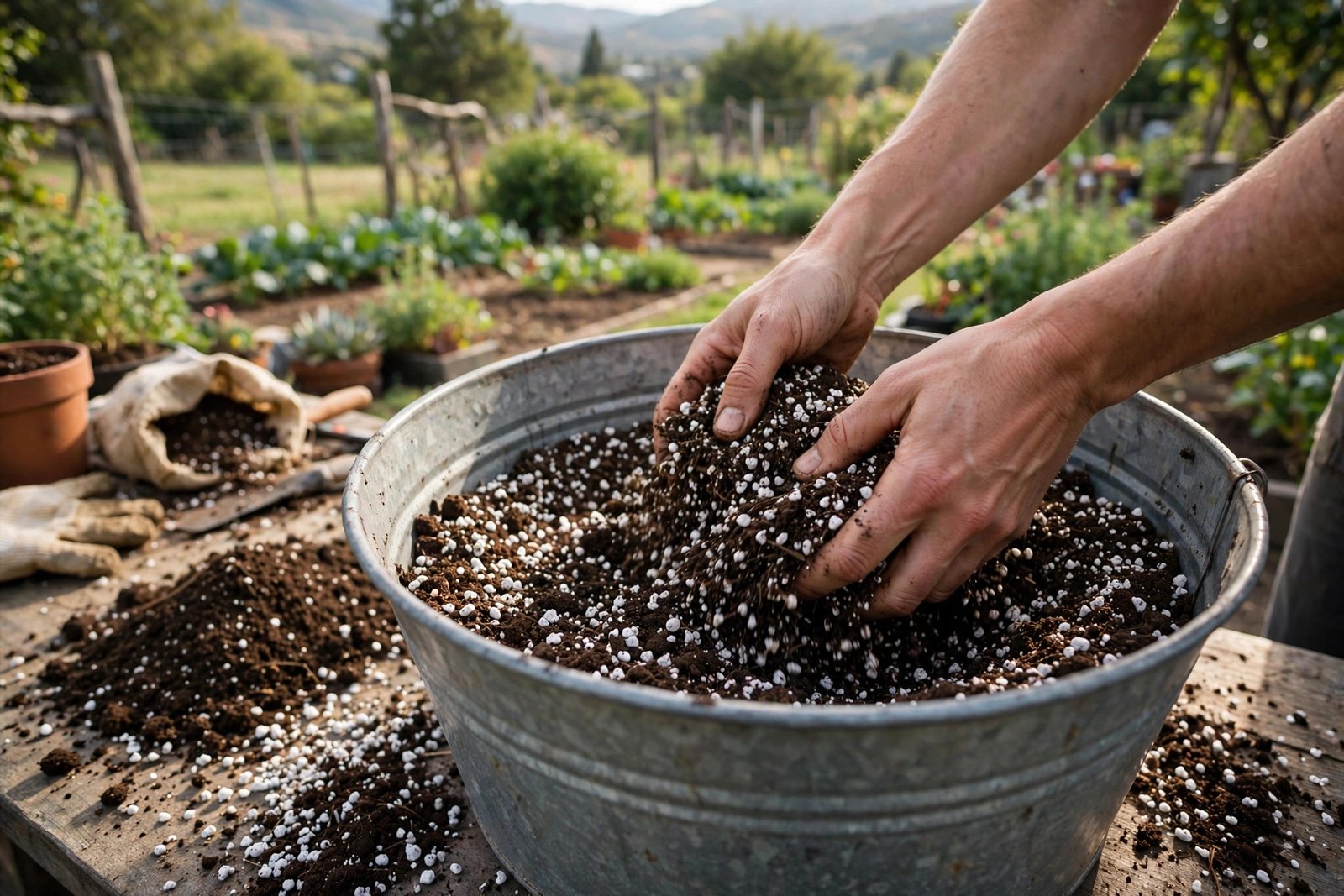 Hands mixing potting soil ingredients in a large bucket on a balcony
