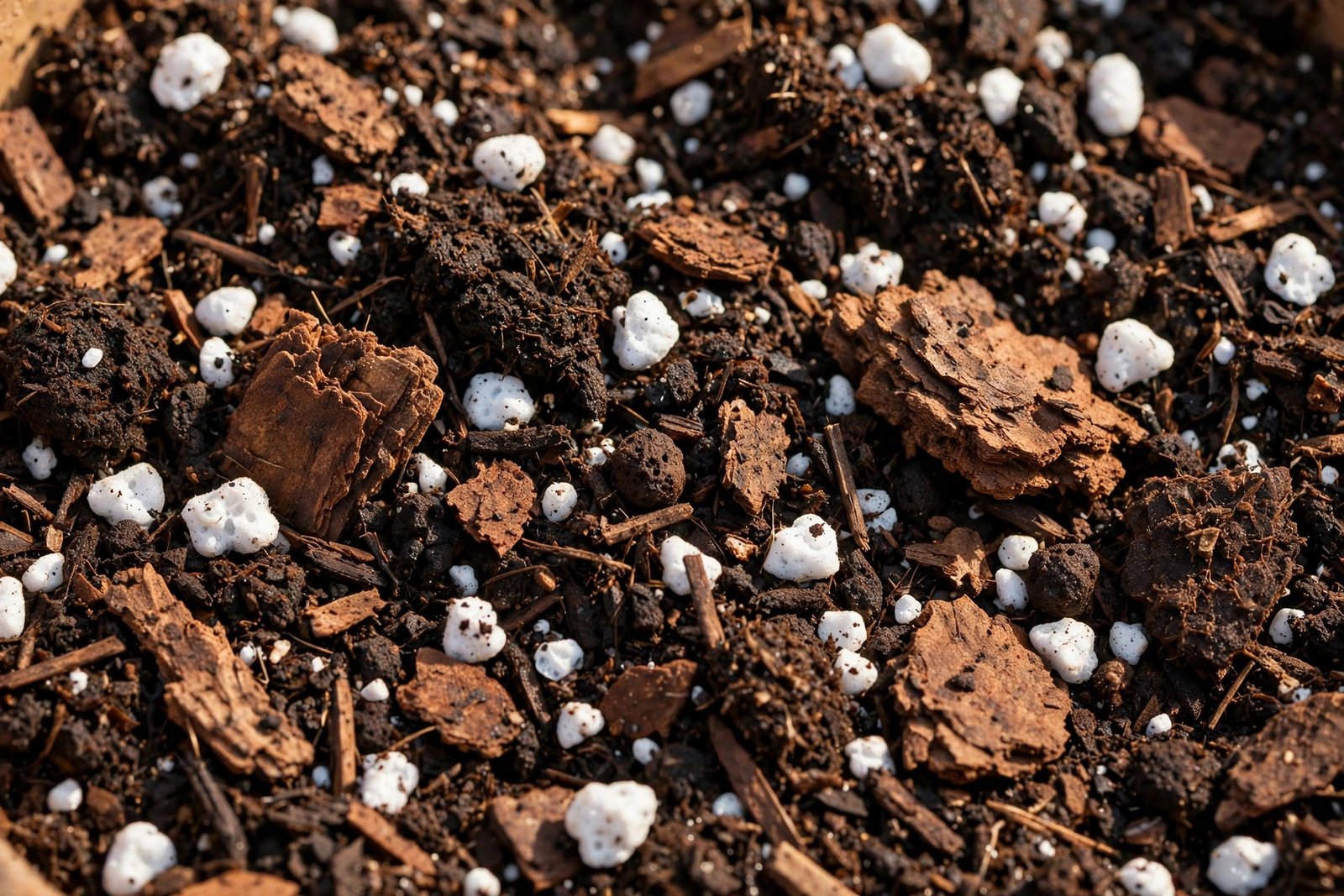 Close-up of perlite, compost and coco coir measured out in separate bowls before mixing