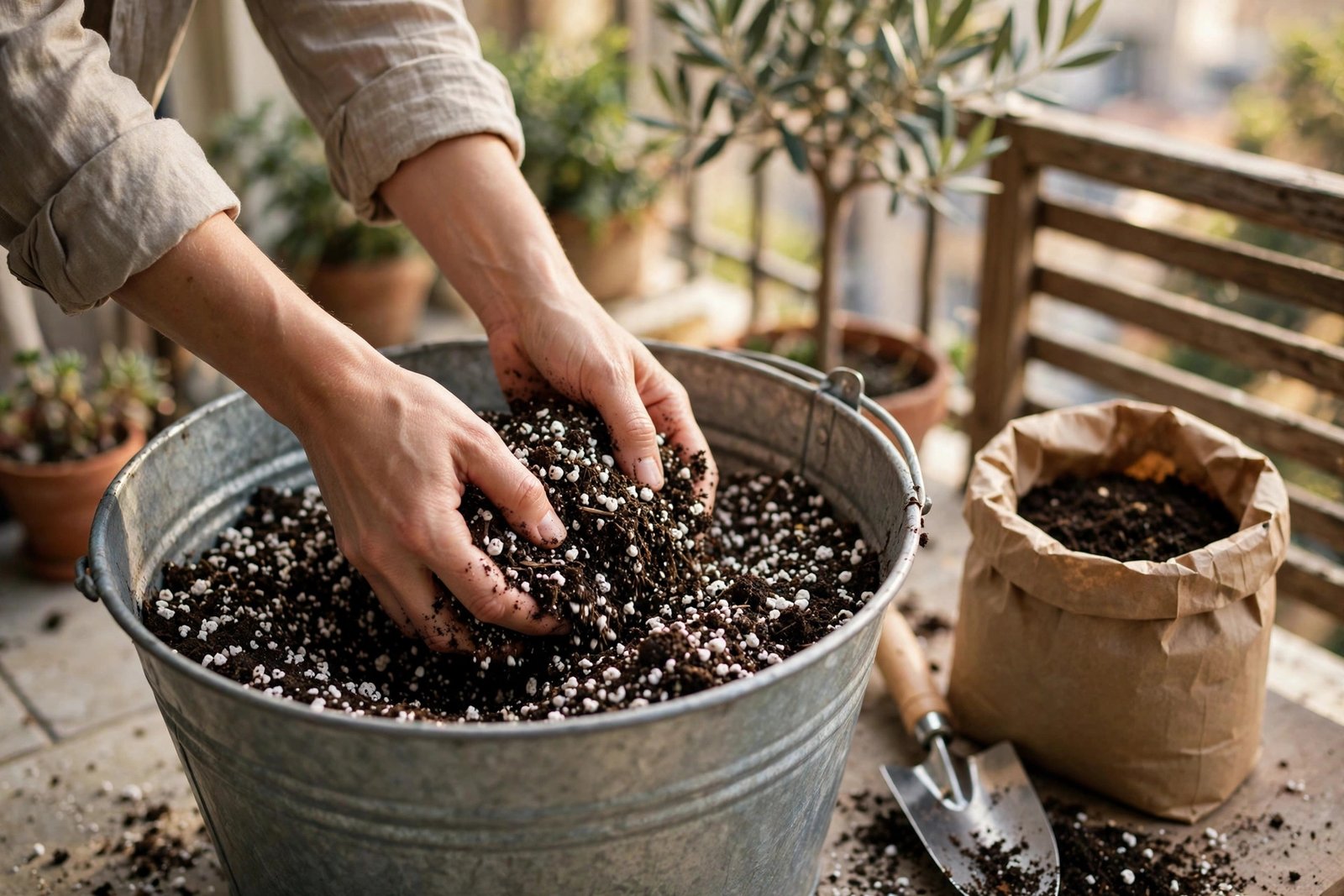 Hands mixing dark potting soil with white perlite in a large bucket.