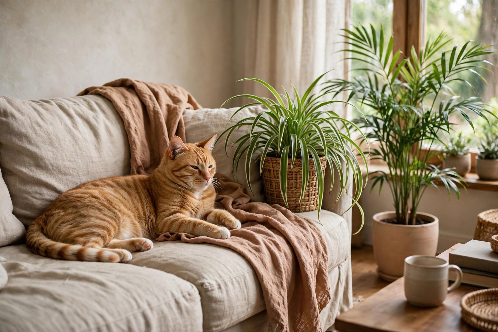 A cat sitting calmly beside a collection of pet-safe houseplants including a spider plant and Boston fern