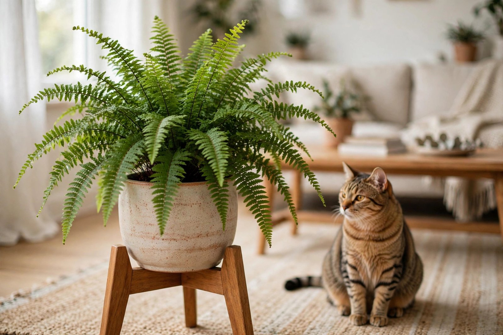 A Boston fern on a wooden plant stand with a tabby cat sitting calmly nearby.
