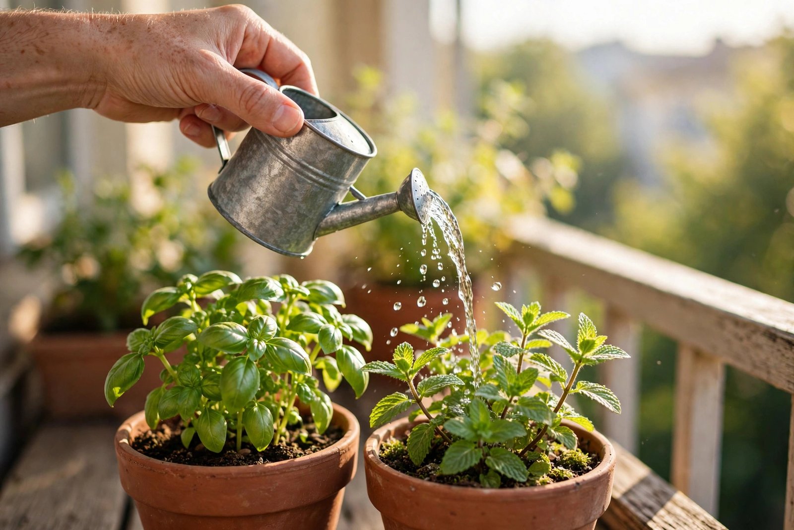 Hand watering potted balcony plants on a sunny summer morning