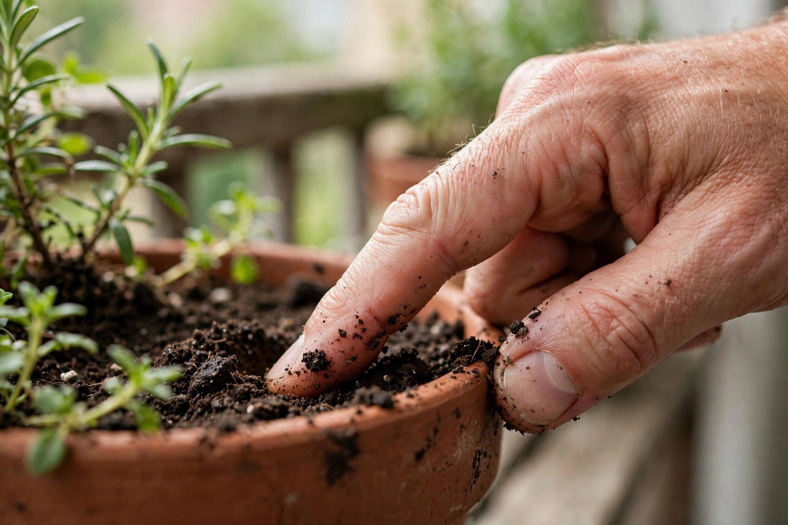 Finger test to check soil moisture in a container plant during summer
