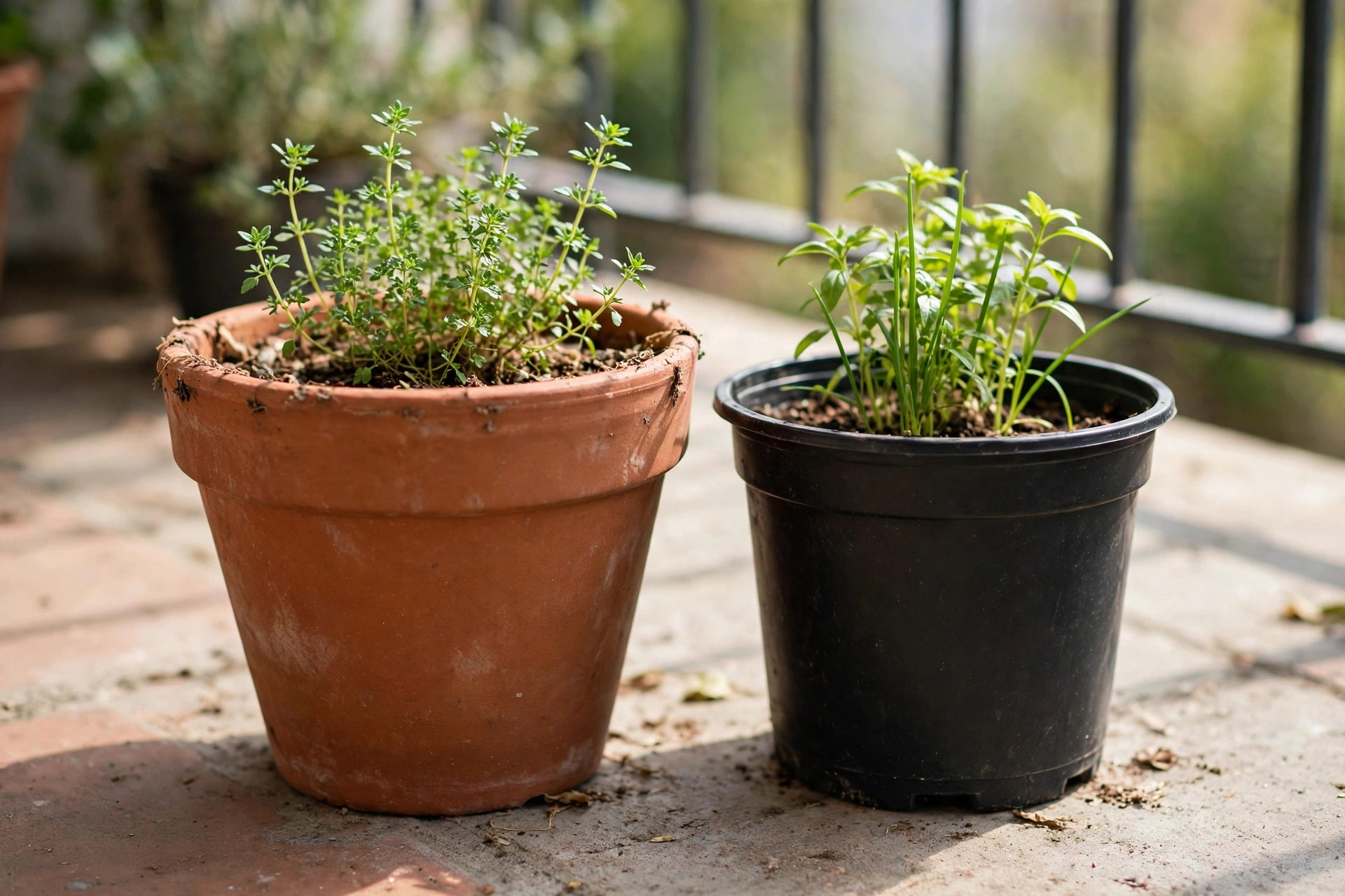 Terracotta and plastic plant pots side by side on a balcony