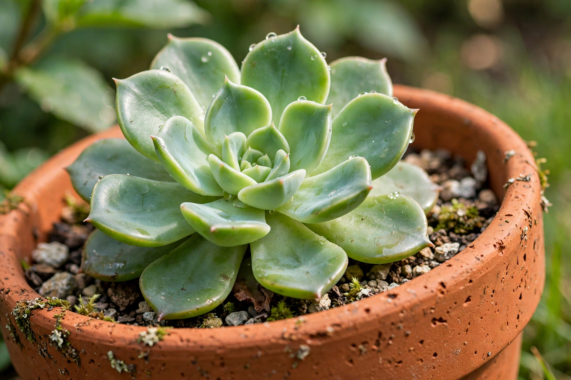 Succulent thriving in a terracotta pot with visible porous clay texture