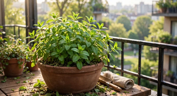 How to grow mint in pots — lush mint plant in a large terracotta pot