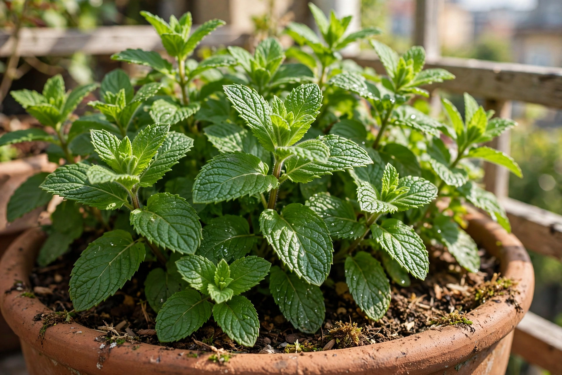 Lush mint plant growing in a large terracotta pot on a balcony