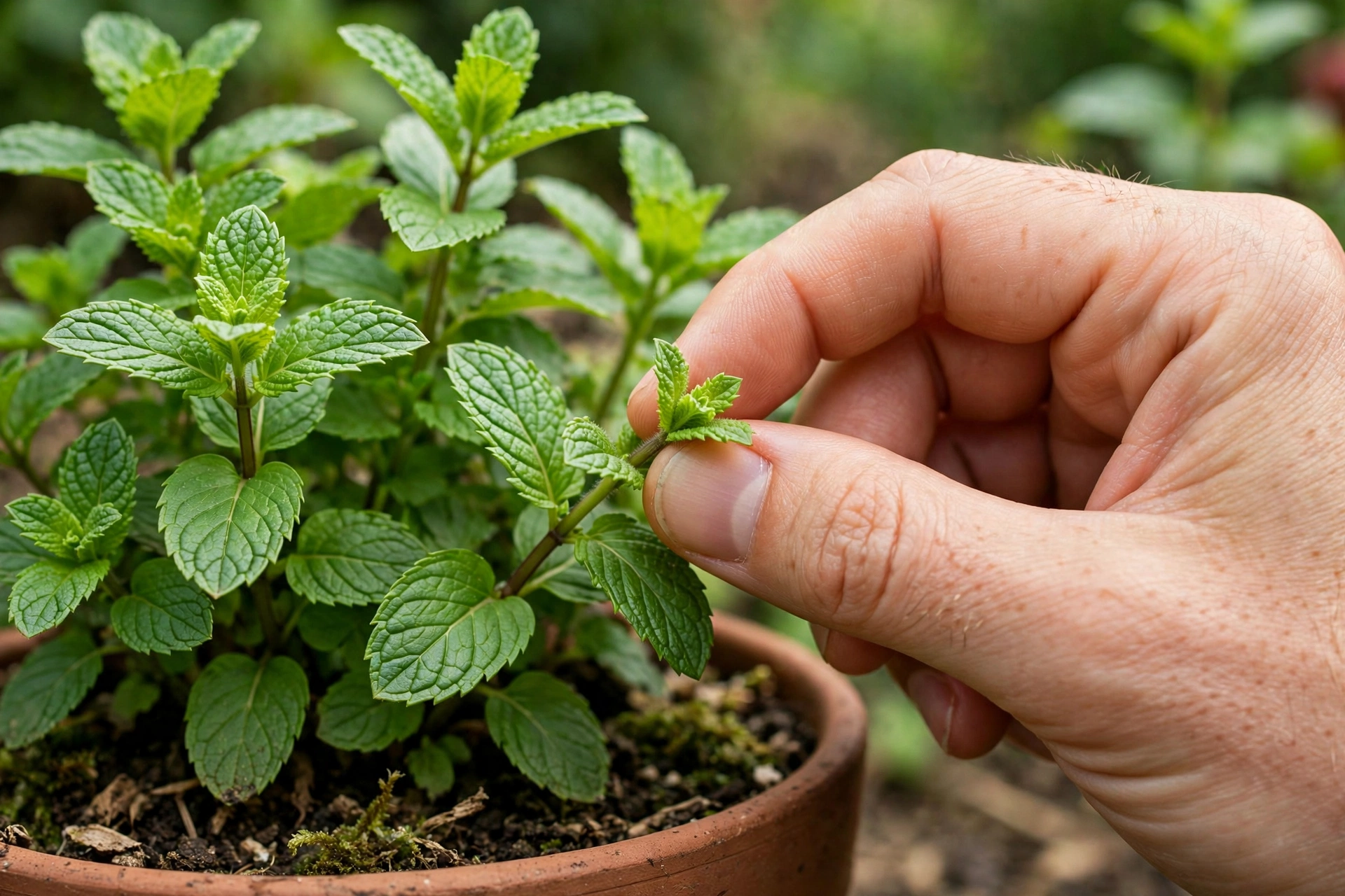 Hand pinching mint tips to encourage bushy growth in a container