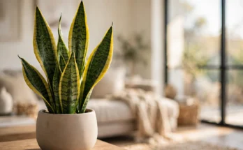 Snake plant care — healthy snake plant with tall upright leaves in a bright room