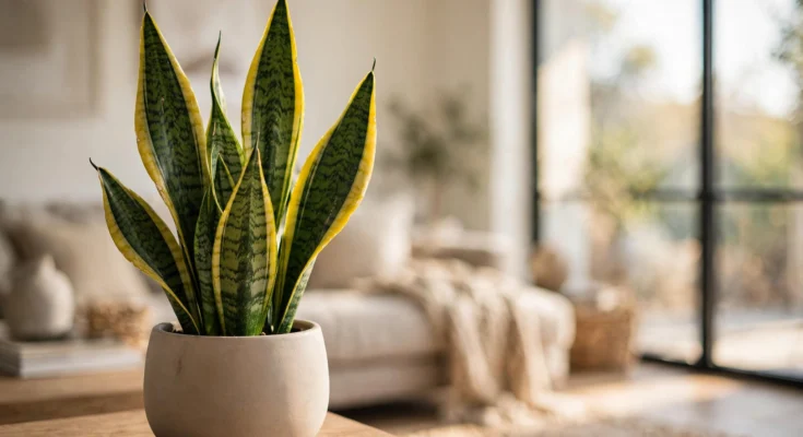 Snake plant care — healthy snake plant with tall upright leaves in a bright room