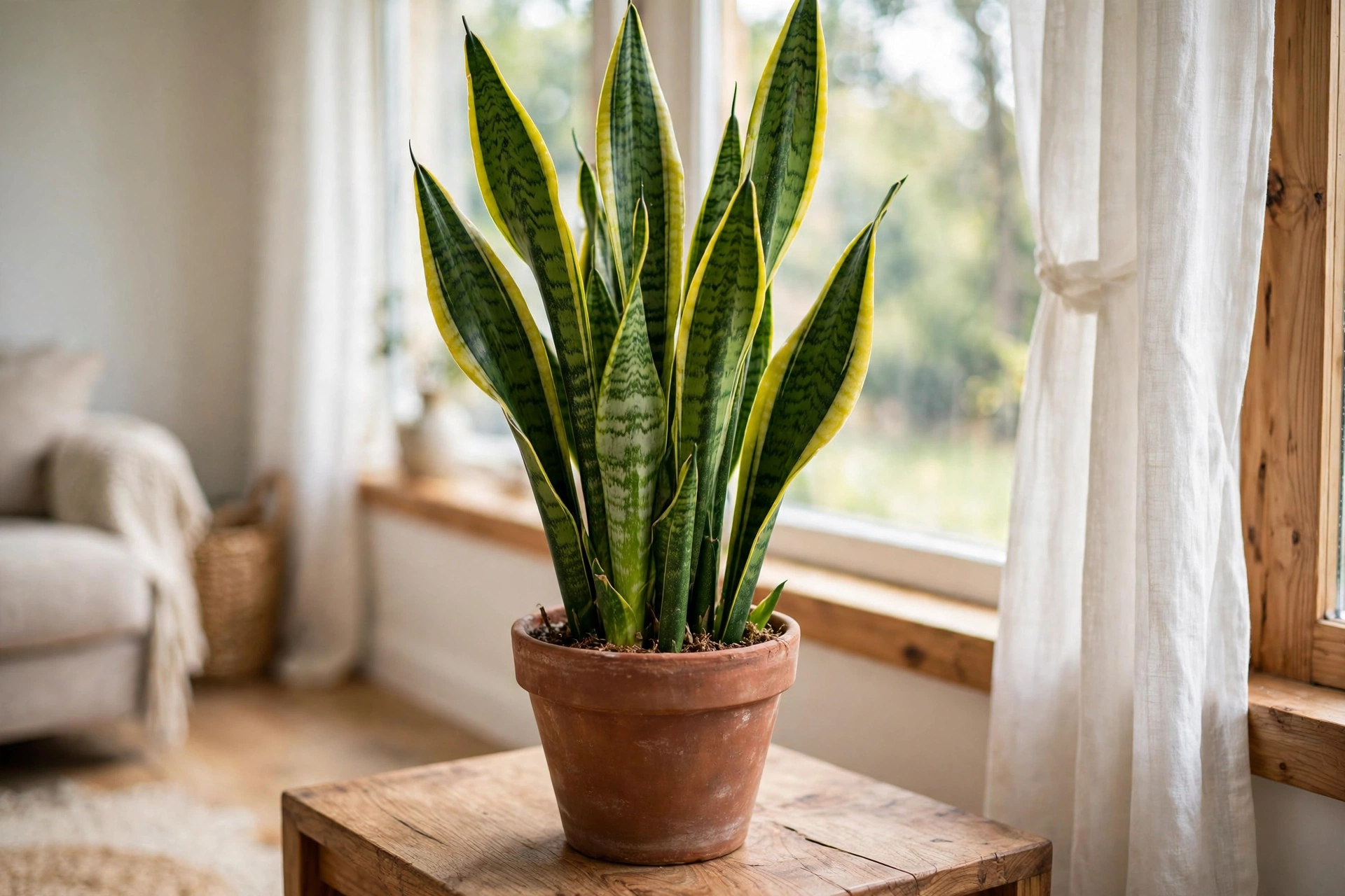 Healthy snake plant with tall upright leaves in a bright living room