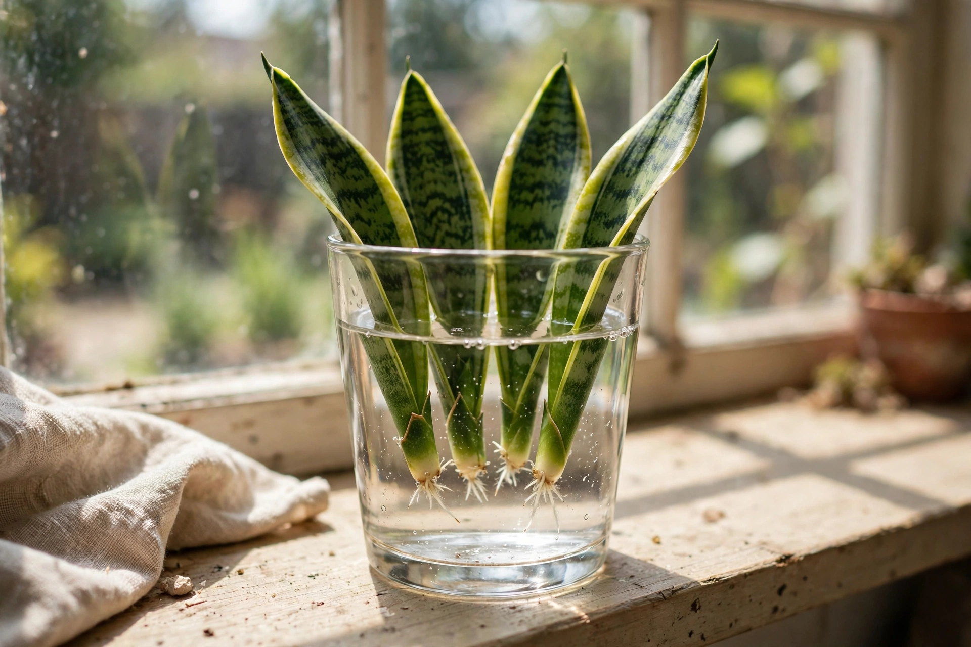 Snake plant leaf cuttings propagating in water on a windowsill