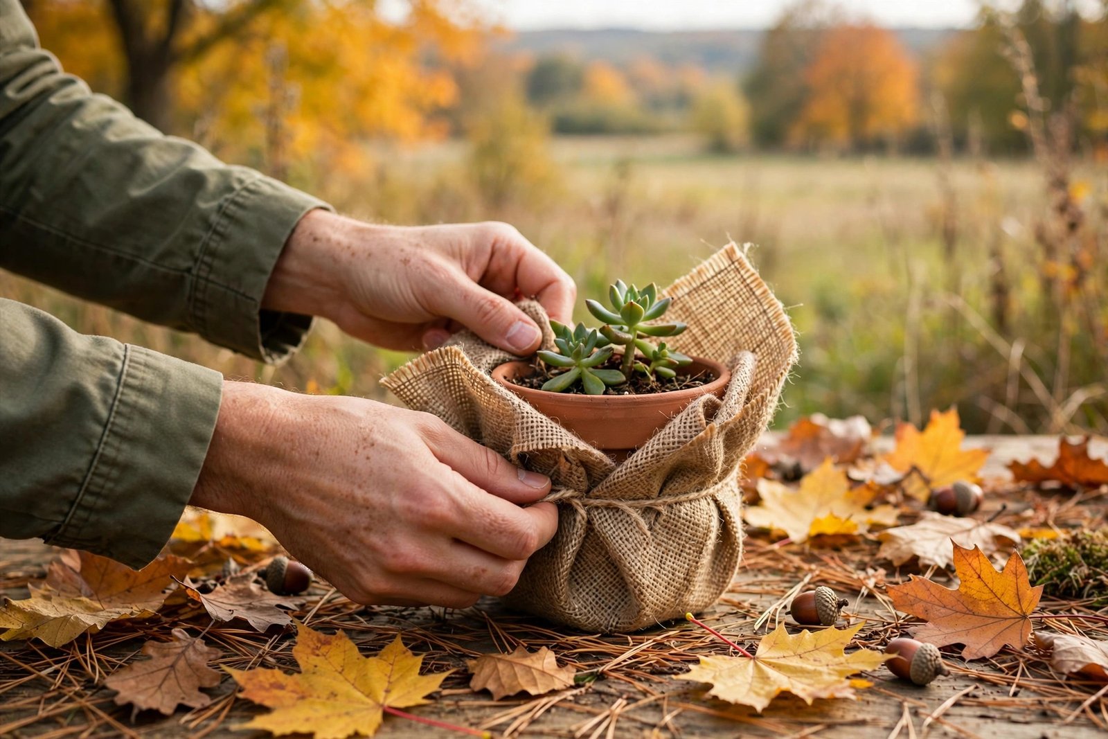 Autumn balcony garden with terracotta pots wrapped in burlap for frost protection and fallen leaves