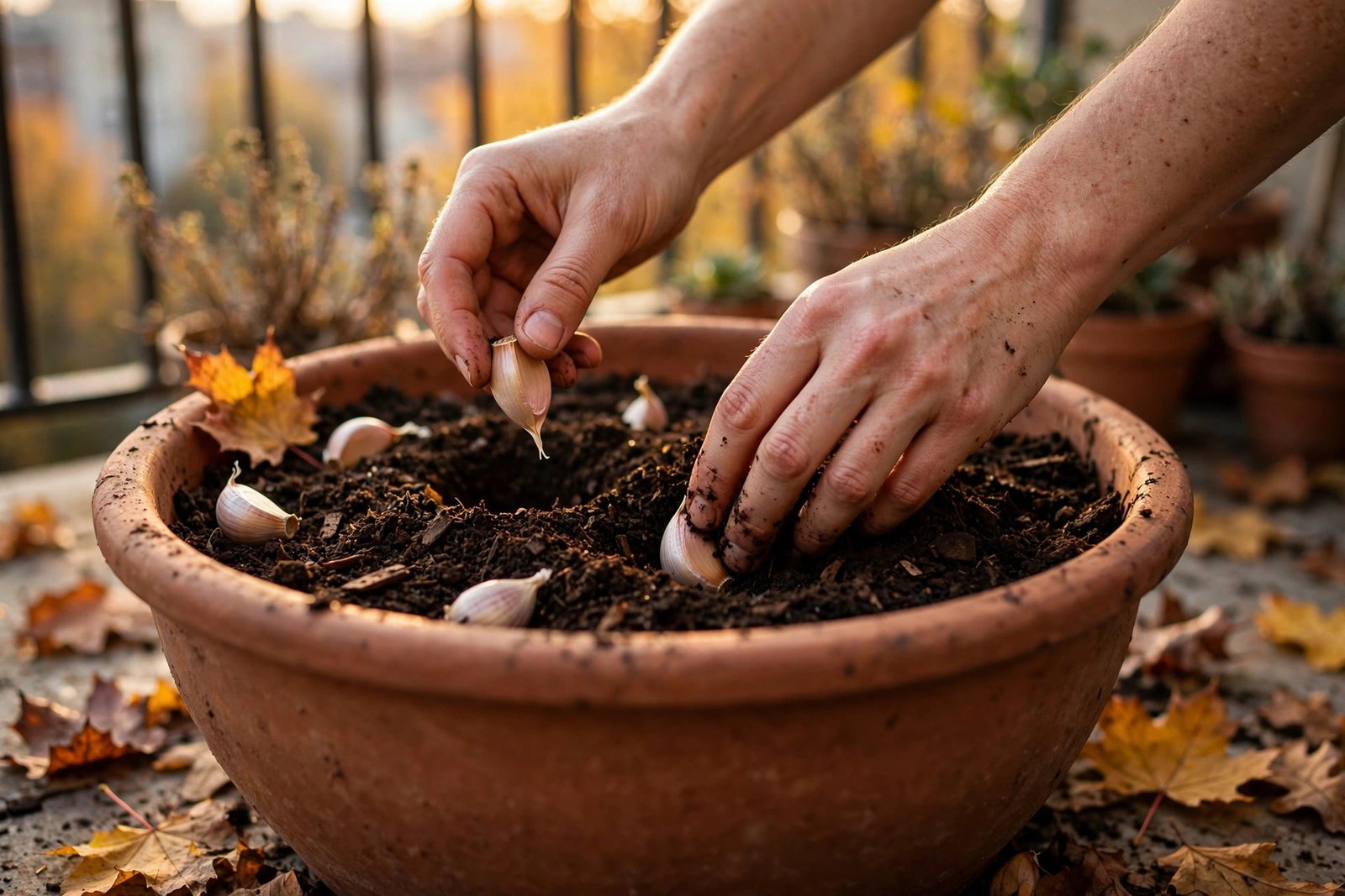 Hands planting garlic bulbs into a terracotta container of compost in golden autumn light.