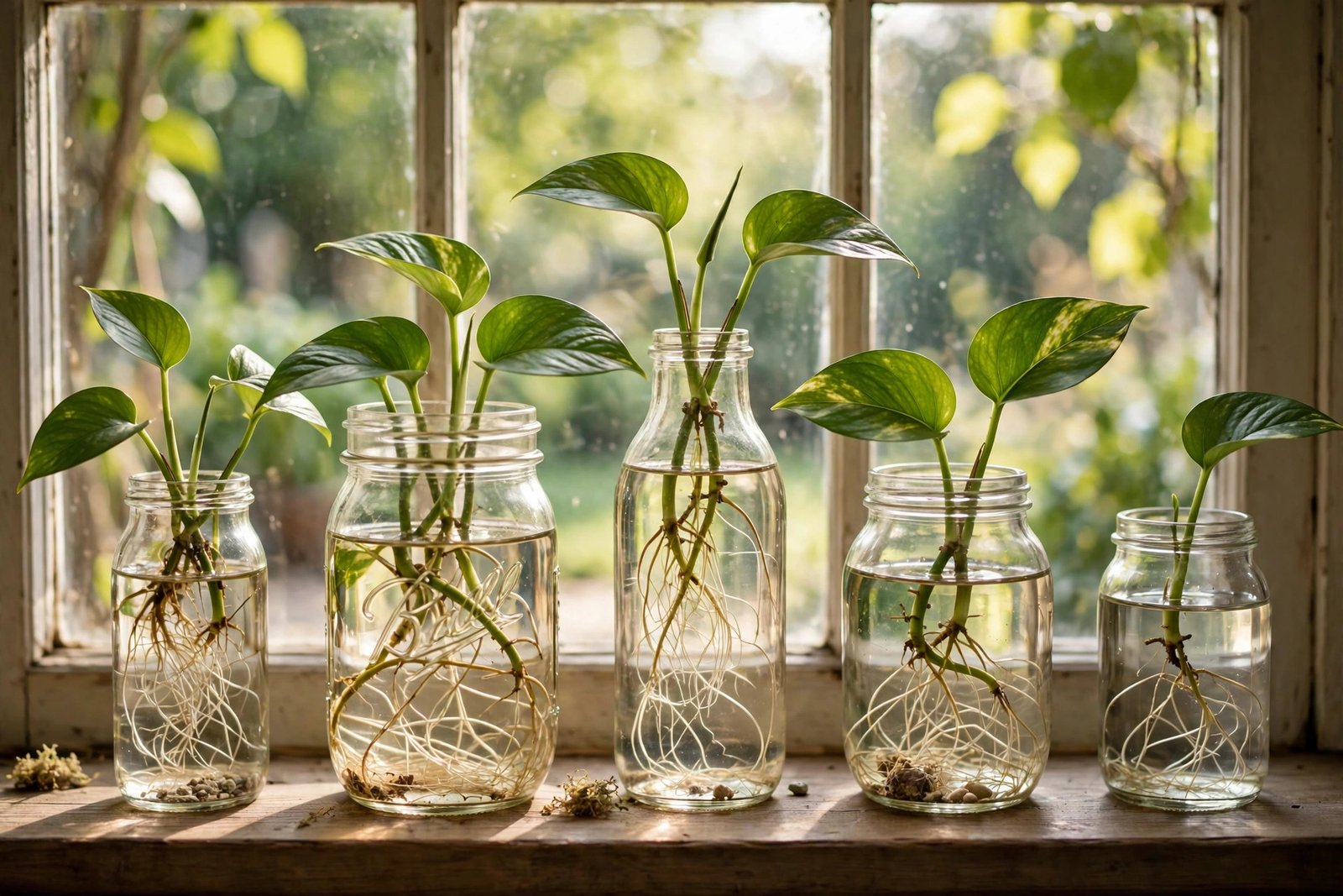 Glass jars with pothos and philodendron cuttings rooting in water on a sunny windowsill