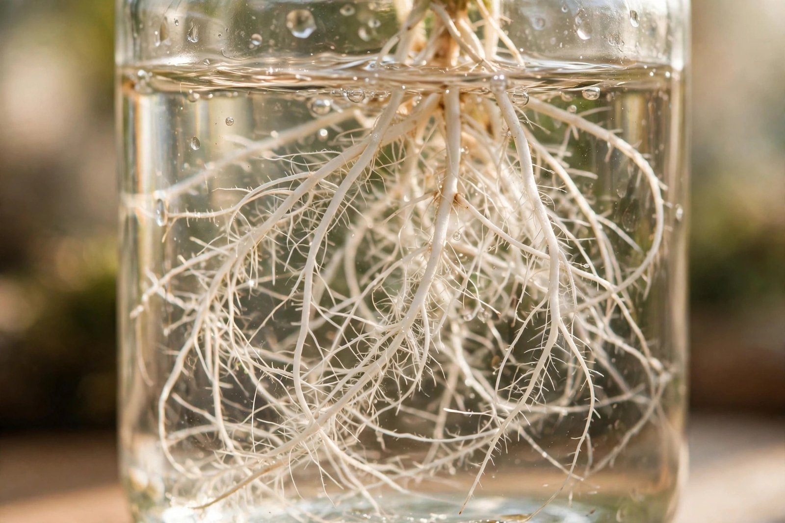 Close-up of white roots growing from a pothos stem node submerged in a glass of water