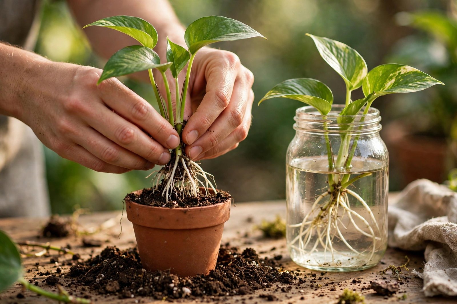 Hands planting a water-rooted pothos cutting into a small pot of fresh soil.