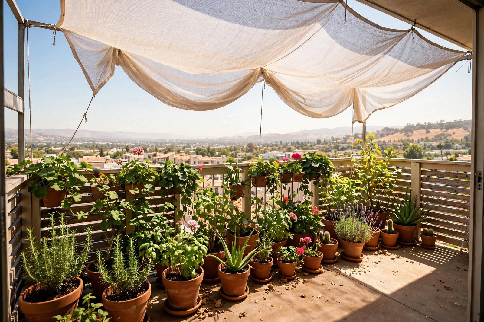 Balcony container plants shaded with a white shade cloth during a bright summer heatwave afternoon
