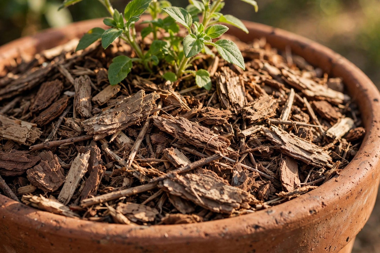 Thick straw mulch covering the soil surface of a large tomato pot to retain moisture in summer heat
