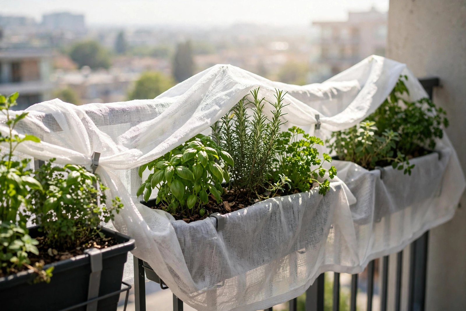 White shade cloth draped over railing planters to shield them from harsh midday sun.