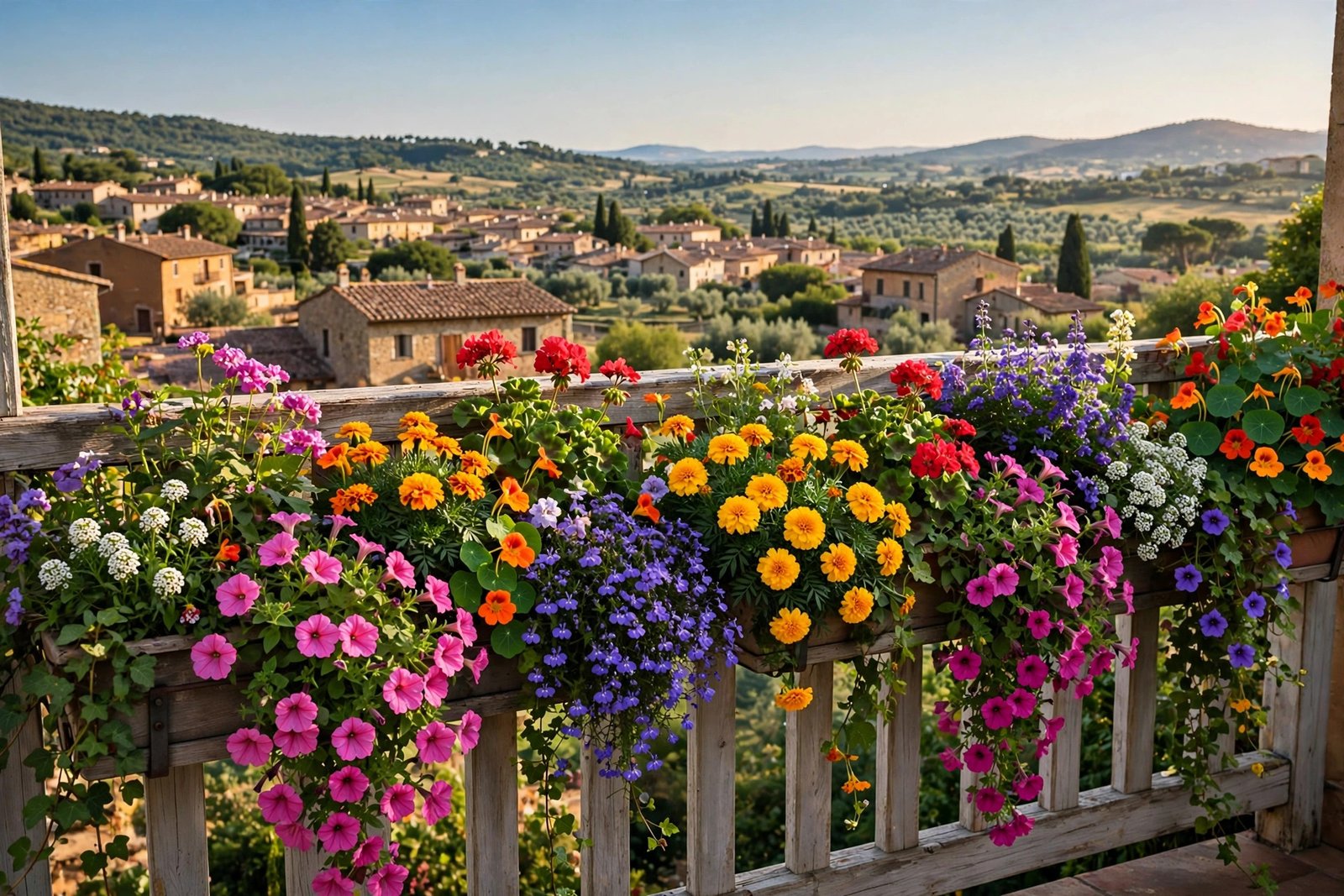 Balcony railing lined with rectangular planters overflowing with herbs, flowers, and trailing strawberry plants