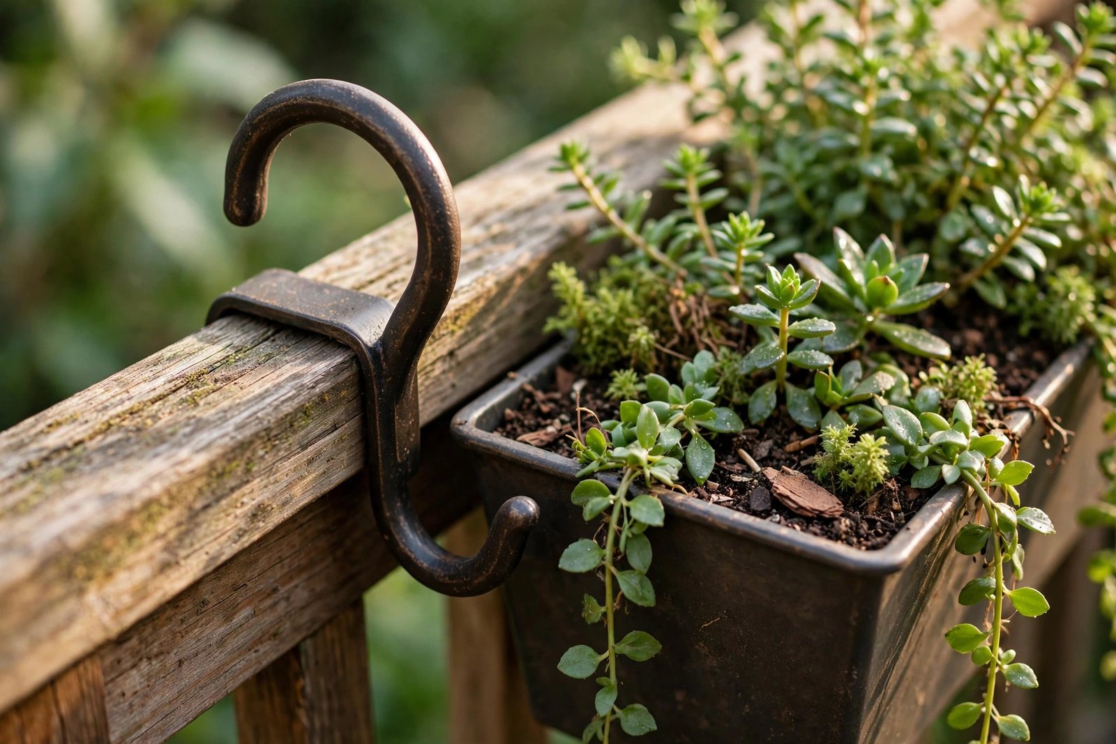 Hands attaching a metal saddle-style railing planter securely over a balcony railing with brackets