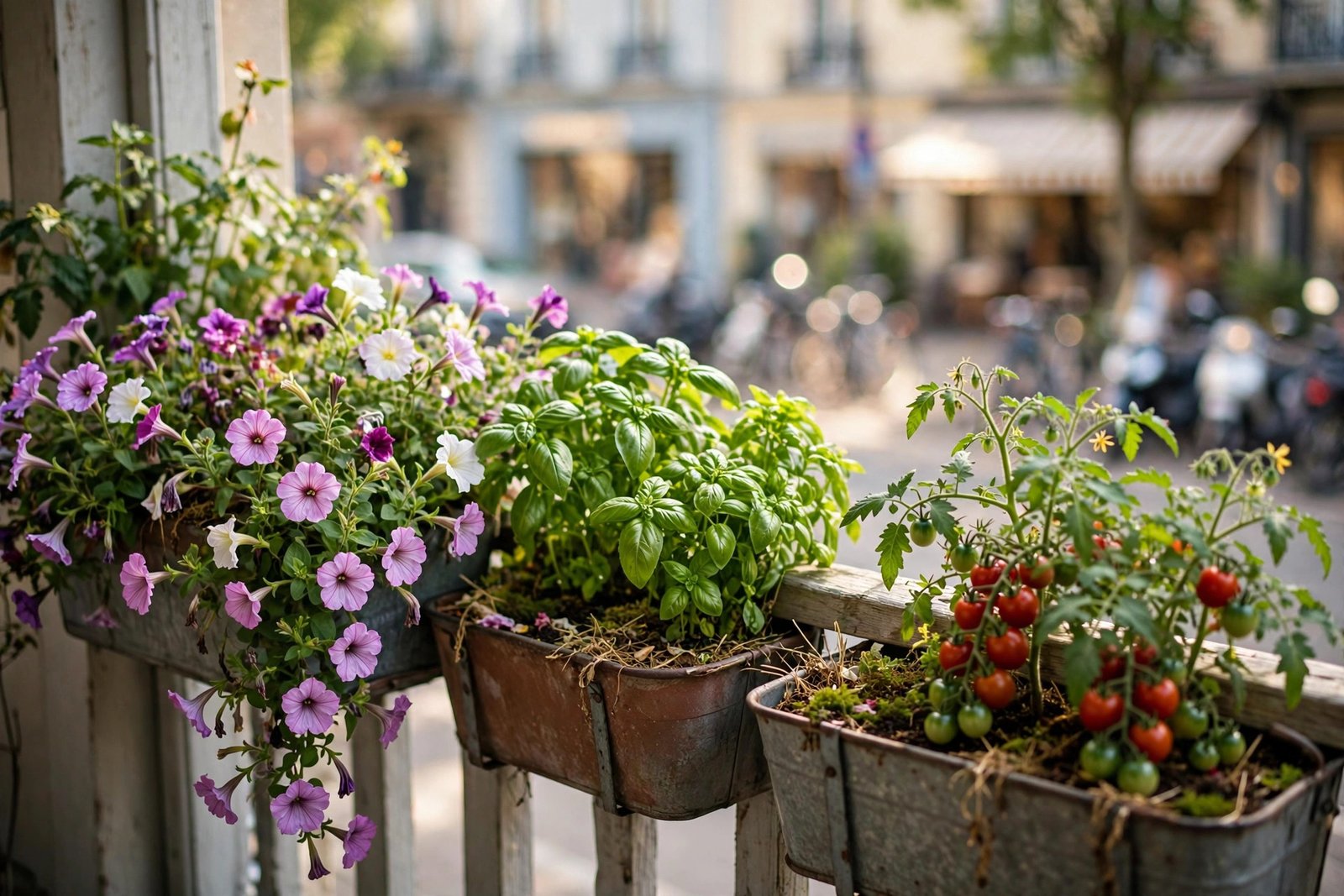 Balcony railing planters overflowing with trailing petunias, basil and cherry tomatoes above a city street.