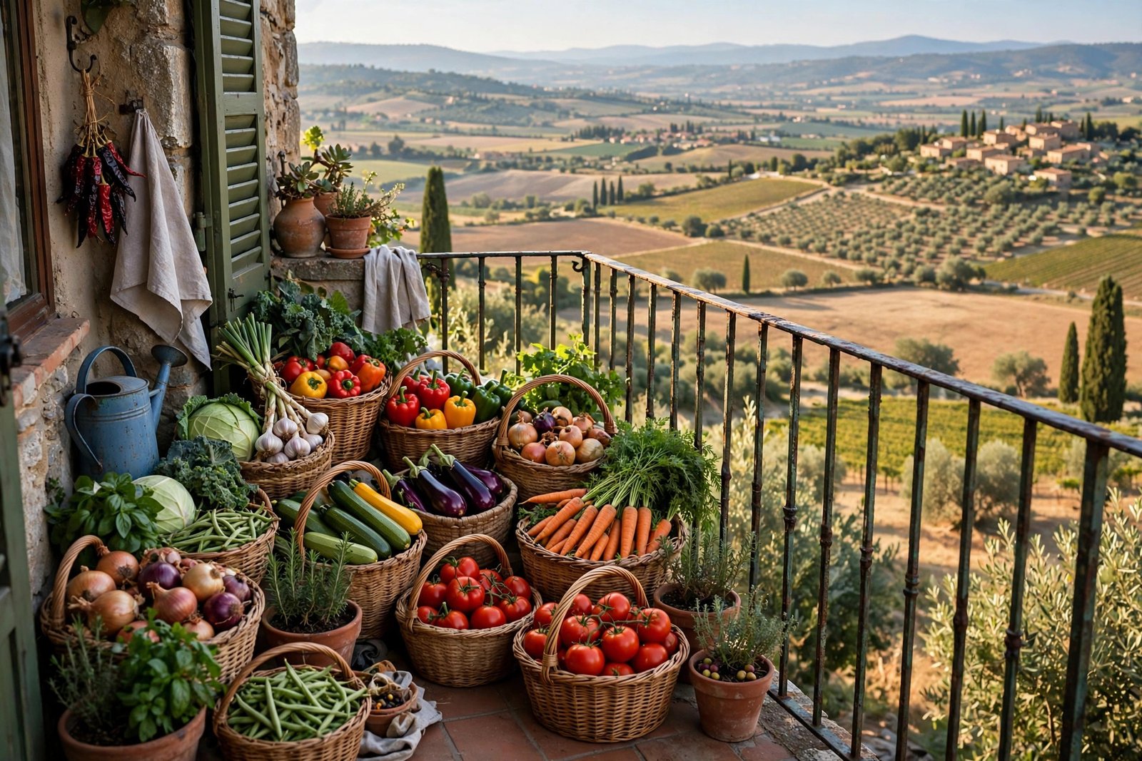 Tiny balcony packed with productive container vegetables: tomatoes, peppers, herbs, and salad greens in pots