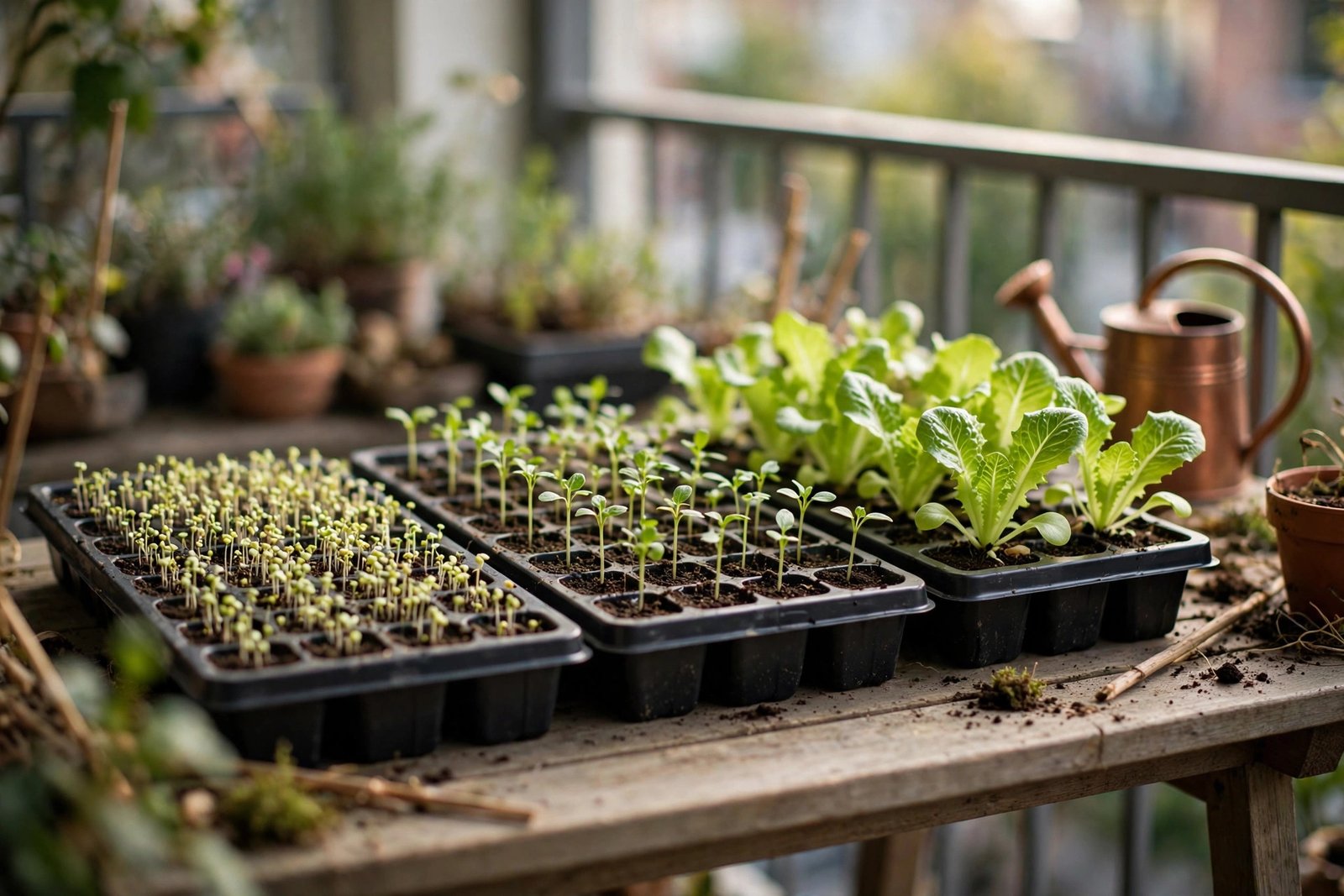 Seedling trays at different growth stages lined up on a small balcony table.