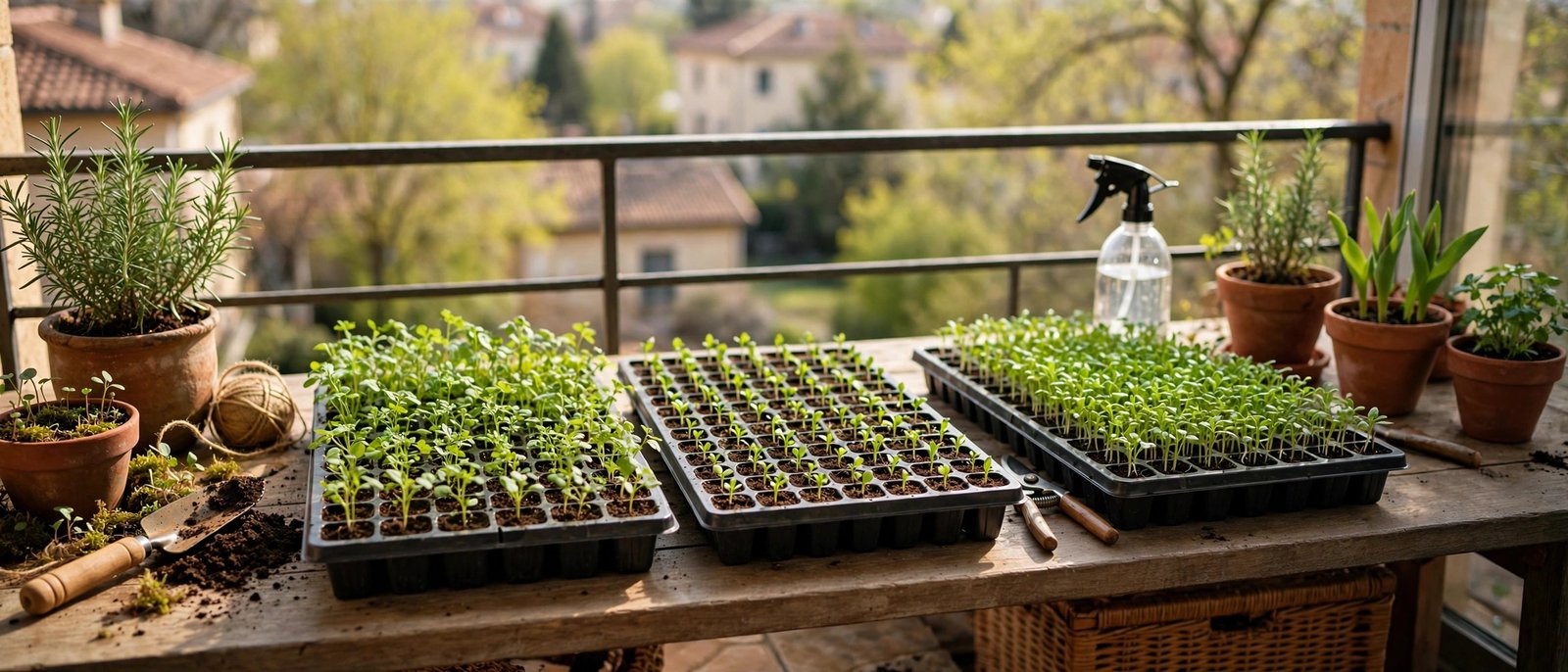 Balcony garden in spring with seed trays, small pots of seedlings, and gardening tools arranged on a wooden table