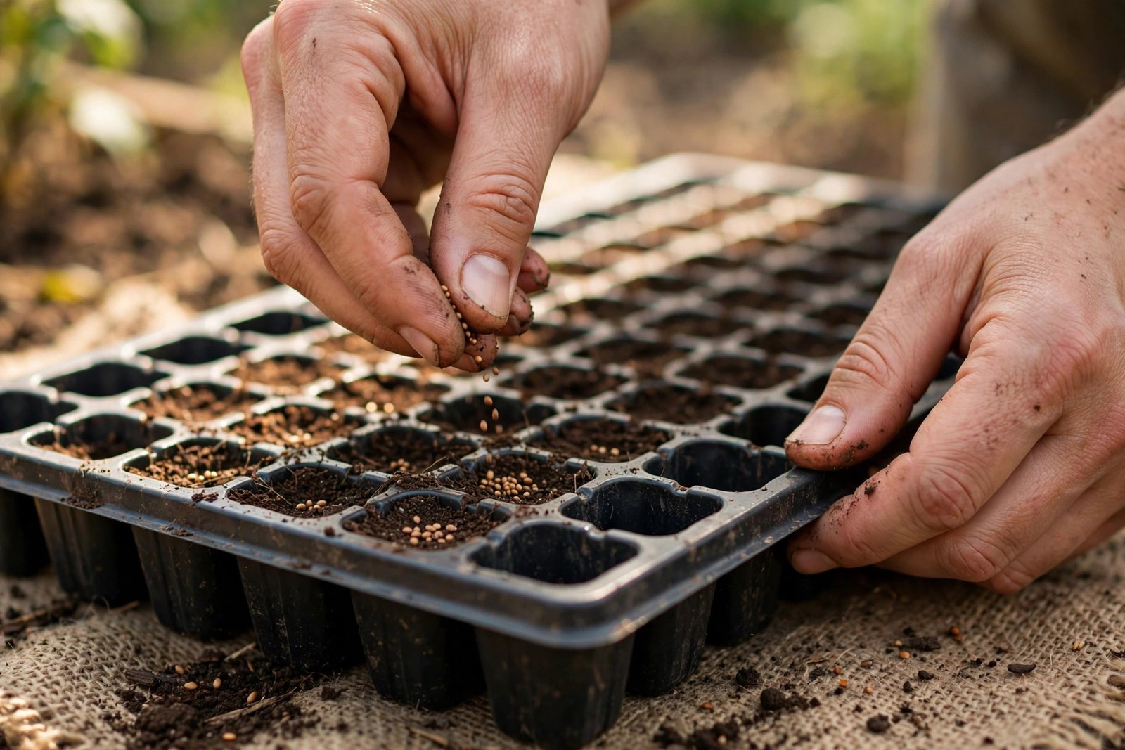 Hands hardening off young tomato seedlings in small pots on a balcony before transplanting outdoors