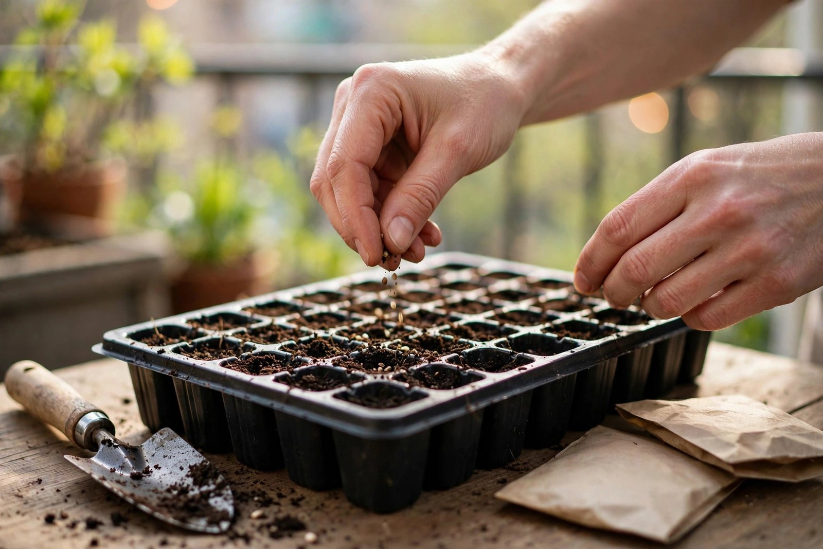 Hands sowing seeds into a seed tray of compost on a balcony table in spring light.