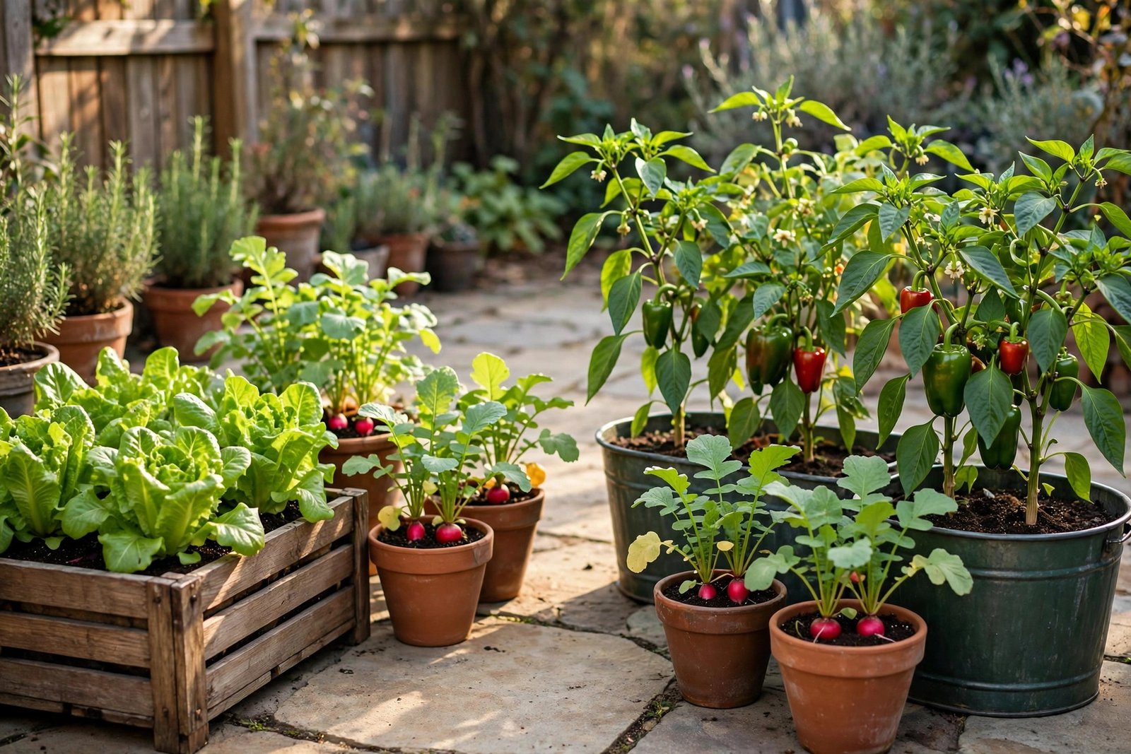 Colourful pots of vegetables including tomatoes, peppers and lettuce growing on a small sunny balcony
