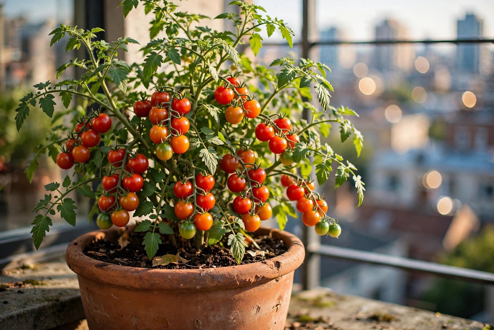 A cherry tomato plant laden with ripening red tomatoes in a large terracotta pot on a sunny balcony.