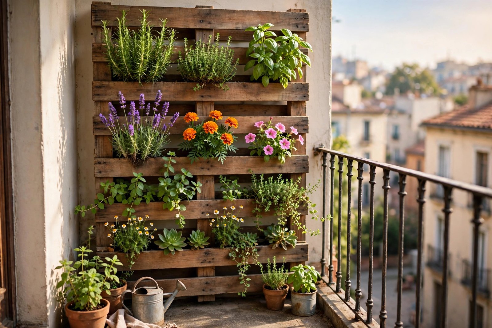 Small apartment balcony with vertical wall planters, hanging pots, and a trellis covered in climbing bean vines