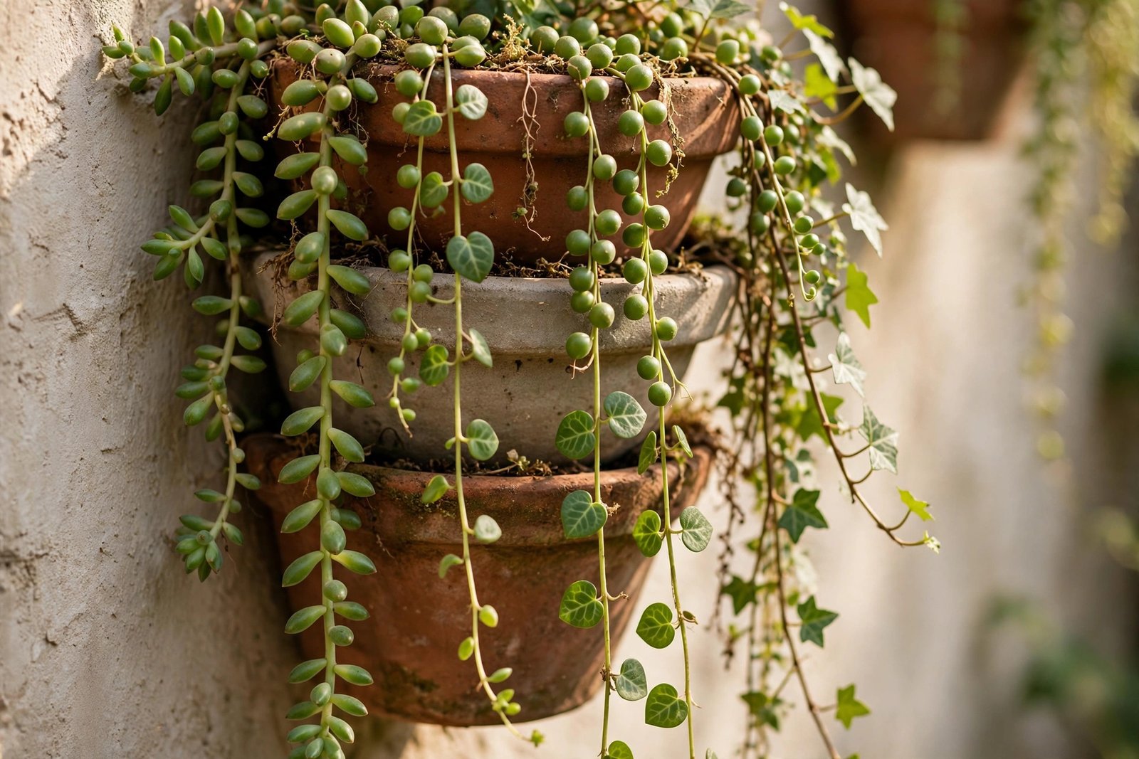 Close-up of a fabric pocket wall planter with herbs growing from each pocket on a balcony wall