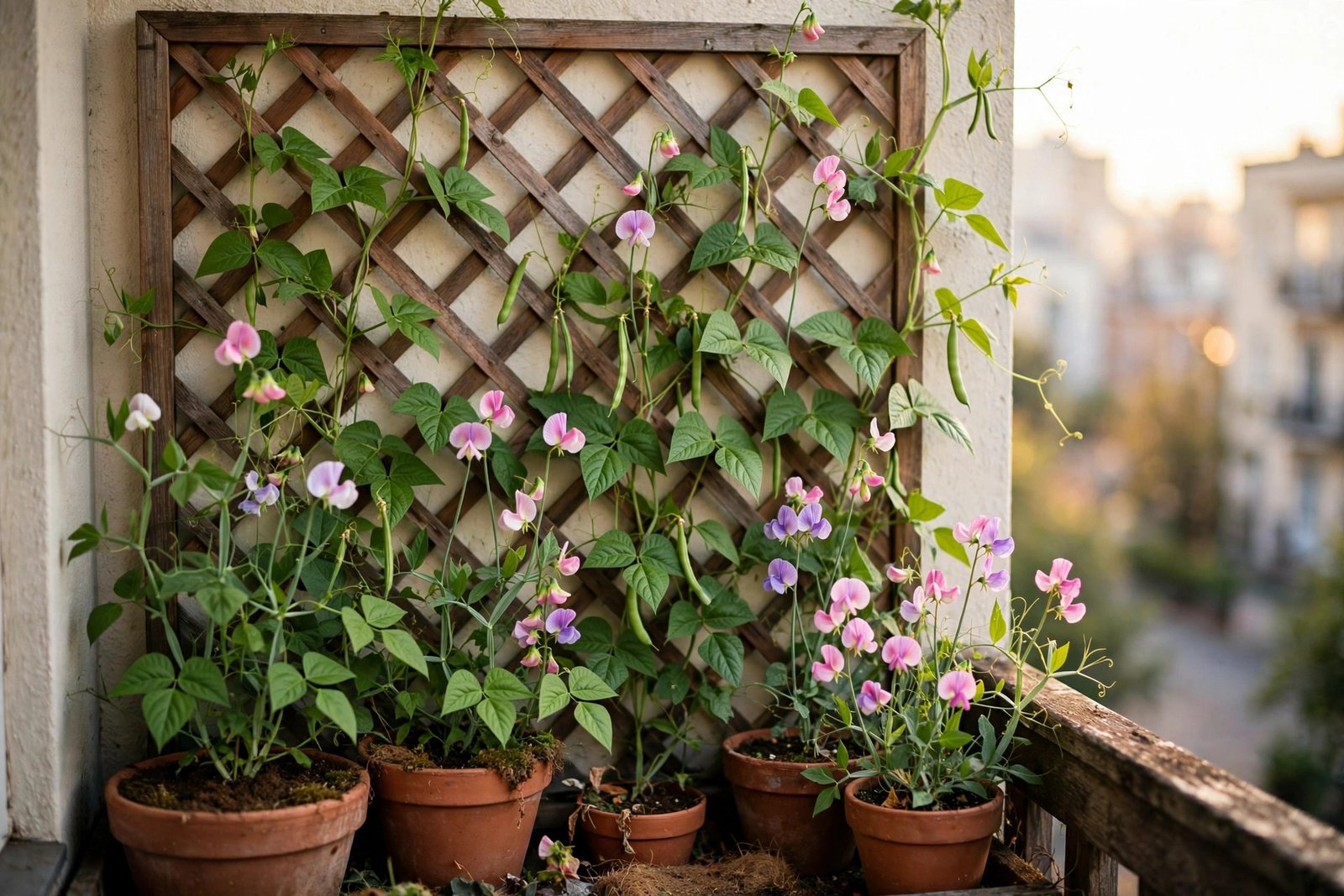 A wooden lattice trellis covered in climbing bean vines and flowering sweet peas on a small balcony wall.