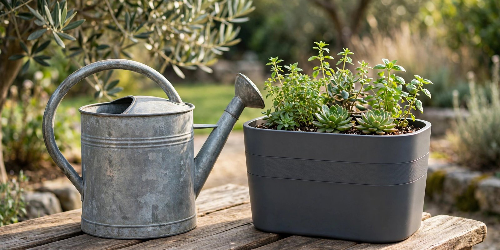 Watering can pouring water into a self-watering planter with a visible water reservoir gauge on a sunny balcony