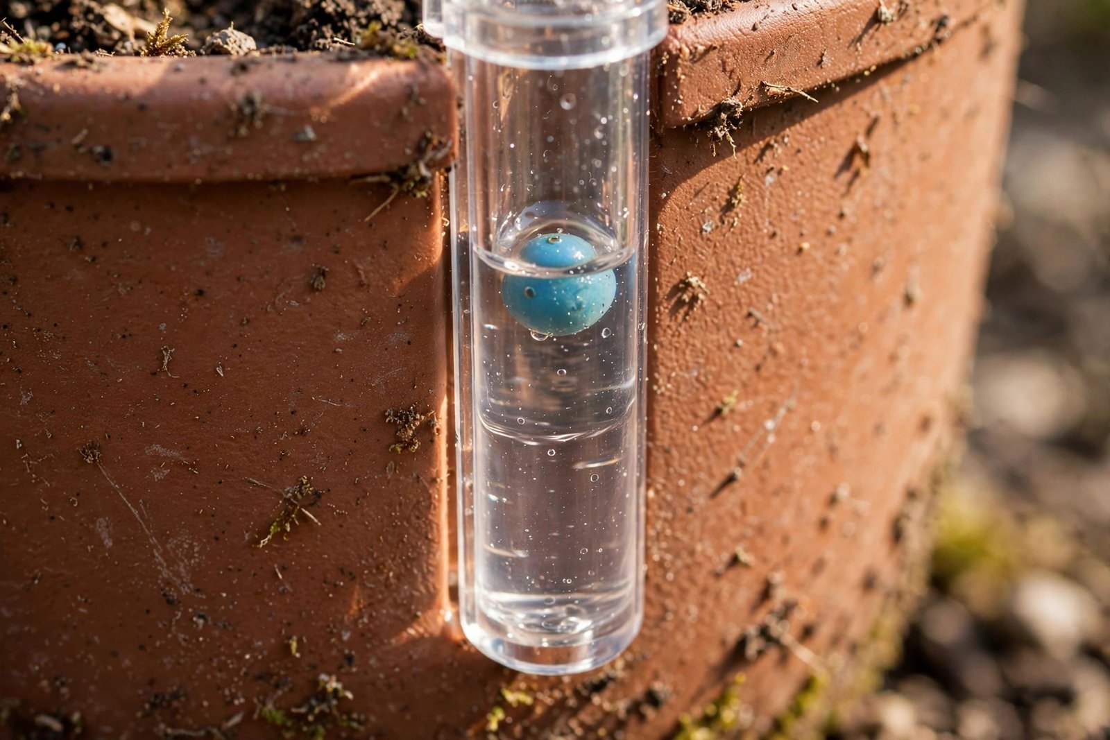 Cross-section view of a self-watering pot showing the water reservoir at the bottom and soil wicking moisture upward