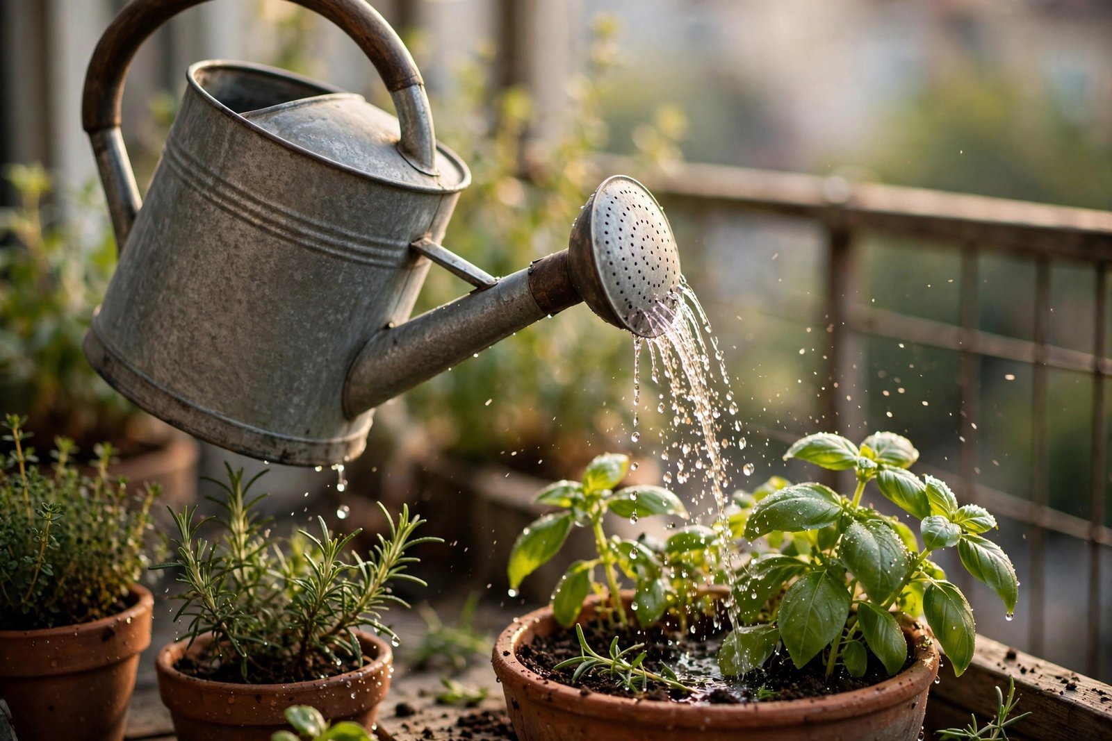 A galvanized watering can pouring water onto potted herbs on a balcony.
