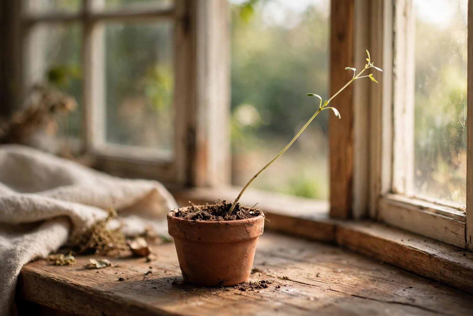 Leggy basil plant with long stretched pale stems reaching toward a bright apartment window