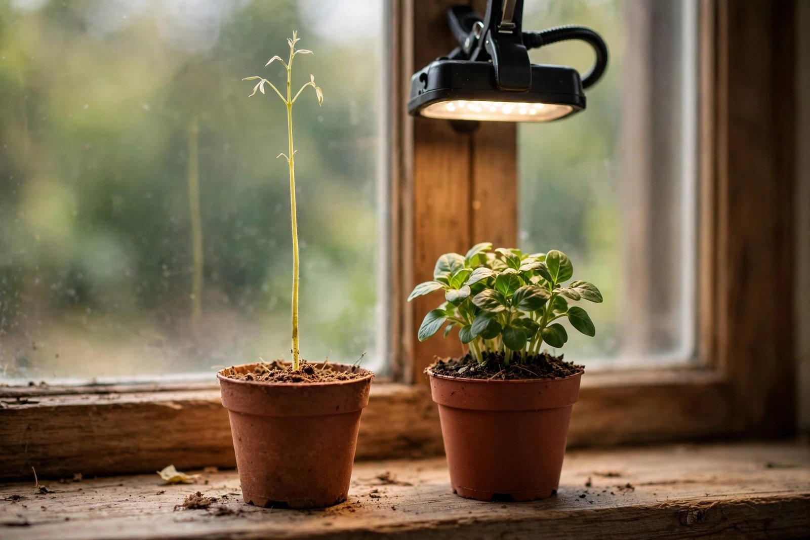 A stretched pale seedling beside a compact healthy seedling under a small grow light on a windowsill.
